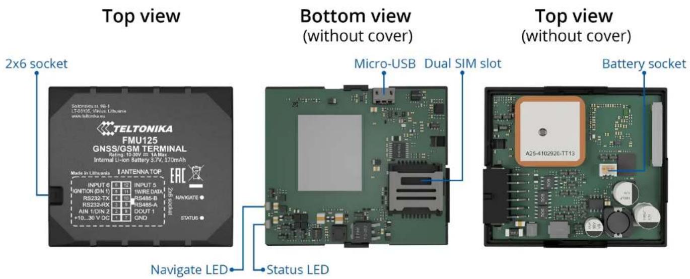 Top view 2x6 socket Bottom view (without cover) Micro-USB Dual SIM slot Bottom view (without cover) TETLTONIKA FMU125 GNSS/GSM TERMINAL Rating 10.3V = 14 MHz Internal Li-ion Battery 3.7V, 170mAh Made in Lithuania I ANTENNA TOP INPUT 6 INPUT 5 IGNITION (DIN 1) 11 WIRE DATA RS232-TX RS486-B RS232-RX RS486-A AIN 1/DIN 2 DOUT 1 +10...30 V DC GND STATUS Navigate LED Status LED Battery socket