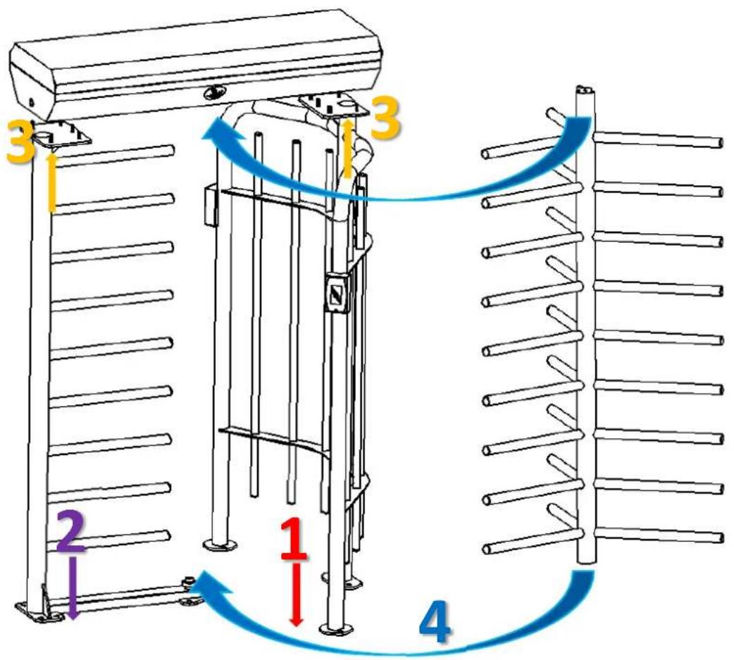 Technical diagram showing a mechanical assembly with numbered components and directional arrows indicating motion or flow.