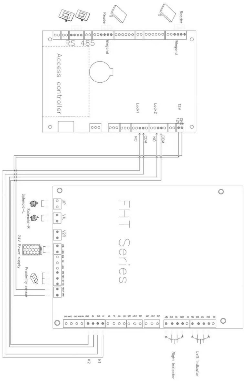 K1 UP VIL V2R 24V Power Supply Proximity sensor Solenoid-L Solenoid-R 24V Power supply Access controller RS 485 Wegond Reader Lock1 Lock2 NO COM NO COM 12V CNO 12V Wegond Reader Left inducator Right inducator FH7 Serles