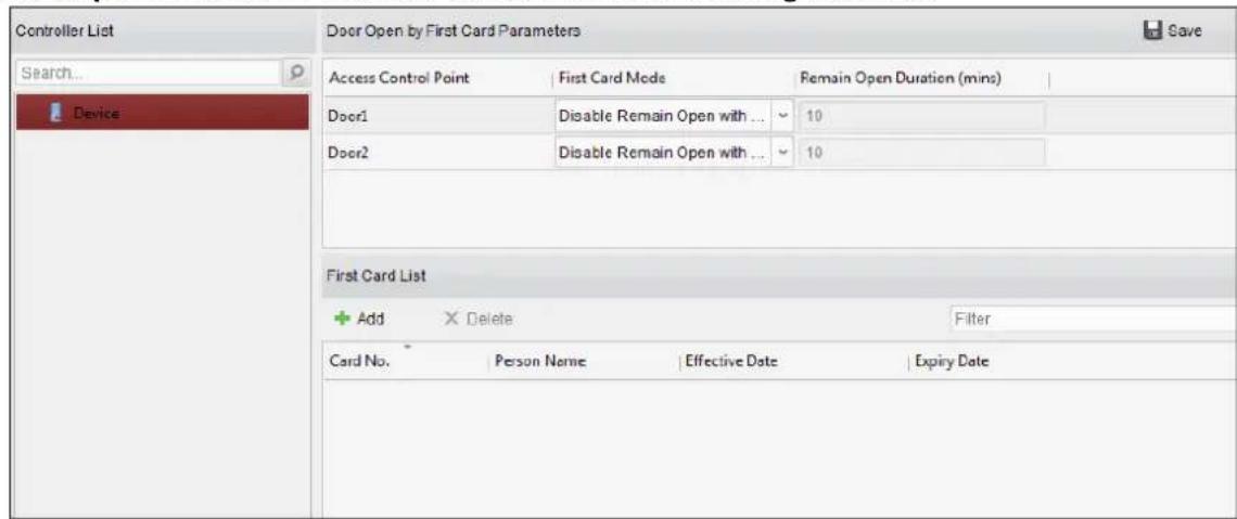 Controller List Search... Device Door Open by First Card Parameters Access Control Point First Card Mode Remain Open Duration (mins) Door1 Disable Remain Open with ... 10 Door2 Disable Remain Open with ... 10 First Card List + Add X Delete Filter Card No. Person Name Effective Date Expiry Date Save