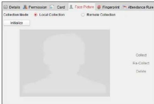 Details Permission Card Face Picture Fingerprint Attendance Rule Collection Mode Local Collection Remote Collection Initialize Collect Re-Collect Delete