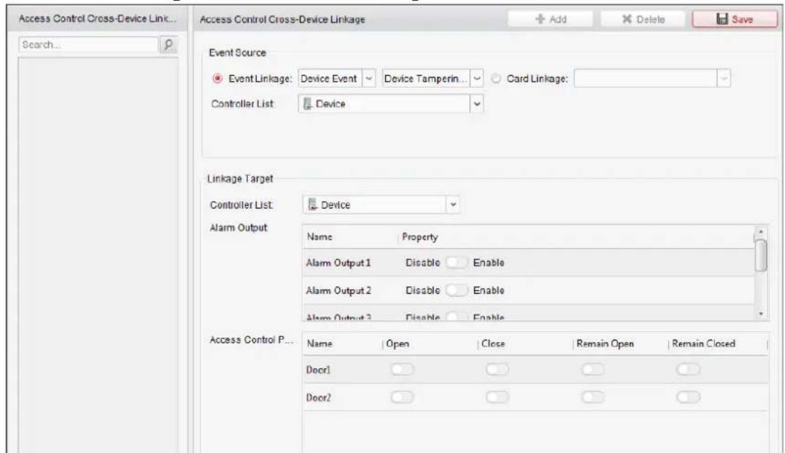 Access Control Cross-Device Linkage Search... Access Control Cross-Device Linkage Event Source Event Linkage: Device Event Device Tamperin Card Linkage: Controller List Device Linkage Target Controller List Device Alarm Output Name Property Alarm Output 1 Disable Enable Alarm Output 2 Disable Enable Alarm Output 3 Disable Enable Access Control P... Name Open Close Remain Open Remain Closed Door1 Door2