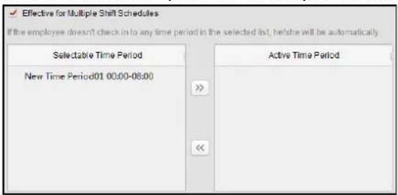 Effective for Multiple Shift Schedules If the employee doesn't check in to any time period in the selected list, he/she will be automatically. Selectable Time Period New Time Period01 00:00-08:00 Active Time Period <<