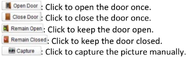 Open Door : Click to open the door once. Close Door : Click to close the door once. Remain Open : Click to keep the door open. Remain Closed : Click to keep the door closed. Capture : Click to capture the picture manually.