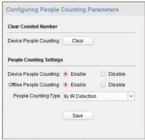 Configuring People Counting Parameters Clear Counted Number Device People Counting: Clear People Counting Settings Device People Counting: Enable Disable Offline People Counting: Enable Disable People Counting Type By IR Detection Save