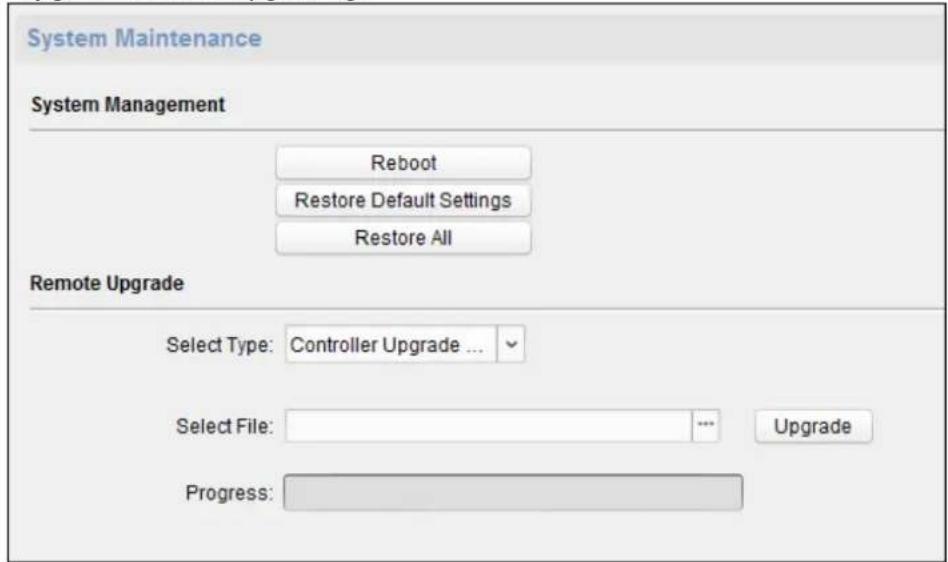 System Maintenance System Management Reboot Restore Default Settings Restore All Remote Upgrade Select Type: Controller Upgrade ... Select File: Upgrade Progress: