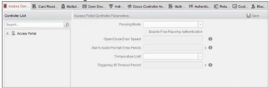 Access Con... Card Read... Multipl... Open Doo... Anti... Cross-Controller An... Multi... Authentic... Rela... Cust... Blac... Controller List Search... Access Portal Access Portal Controller Parameters Passing Mode: Enable Free Passing Authentication Open/Close Door Speed: Alarm Audio Prompt Time Period: Temperature Unit: Triggering IR Timeout Period: Save