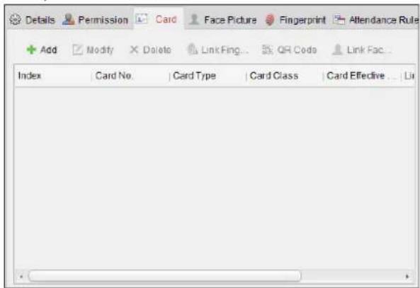 Details Permission Card Face Picture Fingerprint Attendance Rule Add Modify Delete Link Fing... QR Code Link Fac... Index Card No. Card Type Card Class Card Effective...