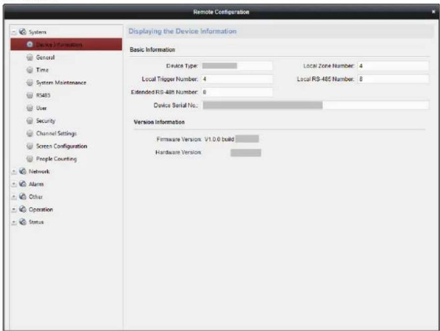 Remote Configuration Displaying the Device Information Basic Information Device Type: Local Zone Number: 4 Local Trigger Number: 4 Local RS-485 Number: 8 Extended RS-485 Number: 8 Device Serial No.: Version Information Firmware Version: V1.0.0 build Hardware Version: