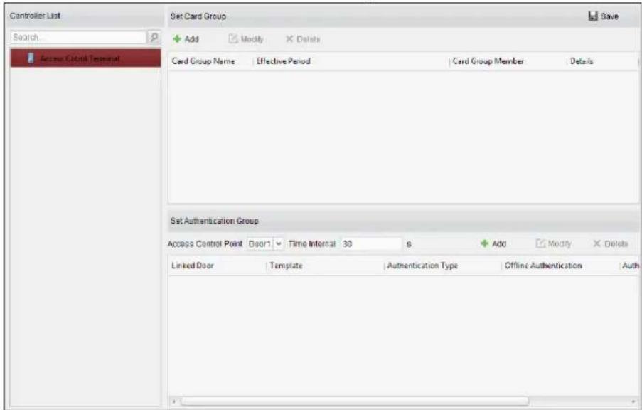 Controller List Search Add Modify Delete Access Card Term and Card Group Name Effective Period Card Group Member Details Set Authentication Group Access Control Point Door1 Time Internal 30 s Add Modify Delete Linked Door Template Authentication Type Offline Authentication Auth