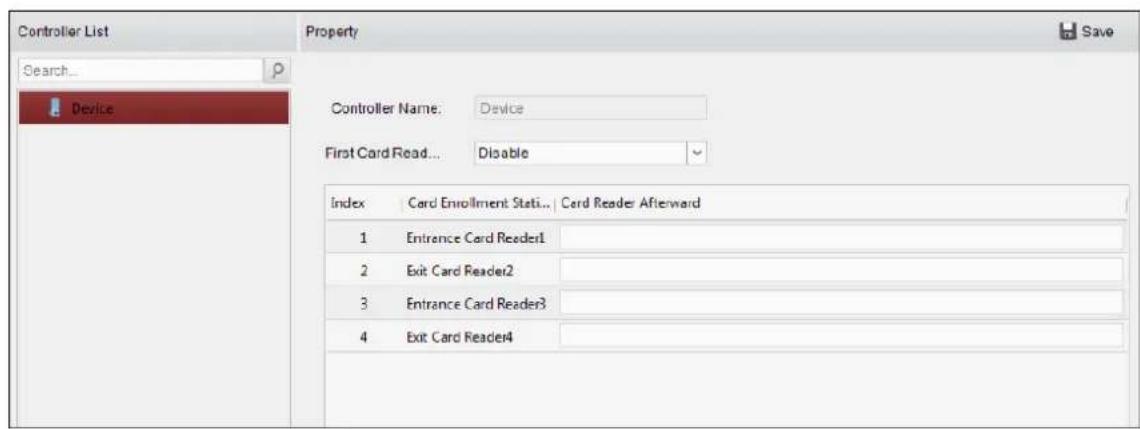 Controller List Search... Device Property Controller Name: Device First Card Read... Disable Index Card Enrollment Status Card Reader Afterward 1 Entrance Card Reader1 2 Exit Card Reader2 3 Entrance Card Reader3 4 Exit Card Reader4 Save