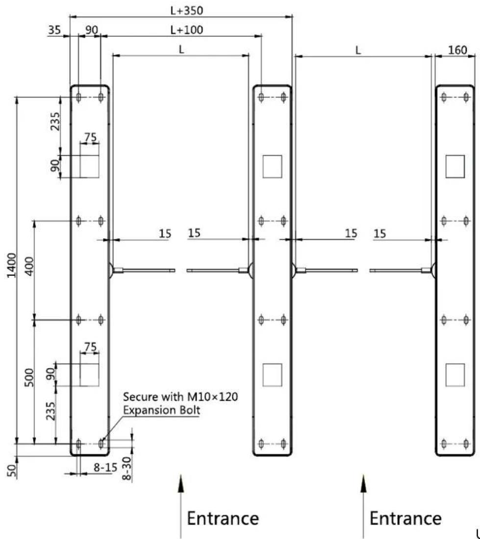 L+350 35 90 L+100 L 235 75 90 1400 400 500 90 235 75 8-15 8-30 Secure with M10×120 Expansion Bolt Entrance Entrance