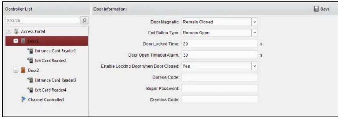 Controller List Search... Access Portal Door1 Entrance Card Reader1 Exit Card Reader2 Door2 Entrance Card Reader3 Exit Card Reader4 Channel Controller1 Door Information: Door Magnetic: Remain Closed Exit Button Type: Remain Open Door Locked Time: 20 s Door Open Timeout Alarm: 30 s Enable Locking Door when Door Closed: Yes Durass Code: Super Password: Dismissa Code: