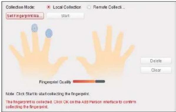 Collection Mode: Set Fingerprint Ma... Local Collection Remote Collecti... Start Delete Clear Fingerprint Quality Note: Click Start to start collecting the fingerprint. The fingerprint is collected. Click OK on the Add Person interface to confirm collecting the fingerprint.