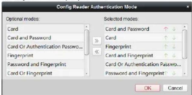 Config Reader Authentication Mode Optional modes: Card Card and Password Card Or Authentication Password... Fingerprint Password and Fingerprint Card Or Fingerprint Selected modes: Card and Password ↑ ↓ Card ↑ ↓ Fingerprint ↑ ↓ Card and Fingerprint ↑ ↓ Card Or Authentication Password... Password and Fingerprint ↑ ↓ OK Cancel