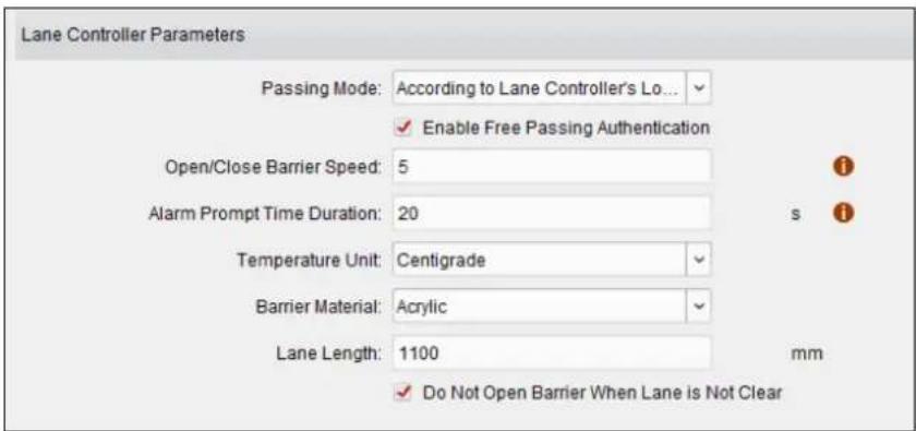 Lane Controller Parameters Passing Mode: According to Lane Controller's Lo... ✓ Enable Free Passing Authentication Open/Close Barrier Speed: 5 Alarm Prompt Time Duration: 20 Temperature Unit: Centigrade Barrier Material: Acrylic Lane Length: 1100 mm ✓ Do Not Open Barrier When Lane is Not Clear
