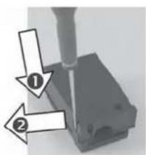 Diagram showing two labeled arrows pointing to a mechanical component, with numbered annotations ① and ②.