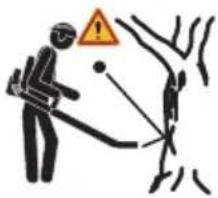 Safety warning sign showing a person using a tool to prevent a tree, with an orange warning triangle and a warning symbol.