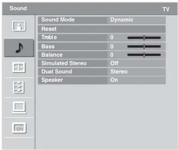 Sound Sound Mode Dynamic Reset Treble 0 Bass 0 Balance 0 Simulated Stereo Off Dual Sound Stereo Speaker On
