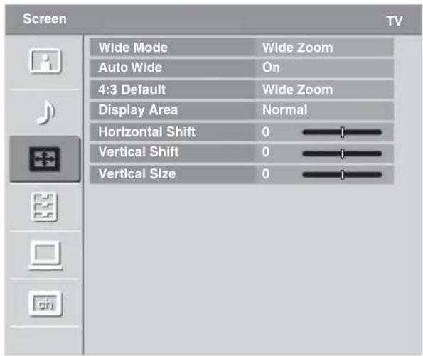 Screen Wide Mode Wide Zoom Auto Wide On 4:3 Default Wide Zoom Display Area Normal Horizontal Shift 0 Vertical Shift 0 Vertical Size 0