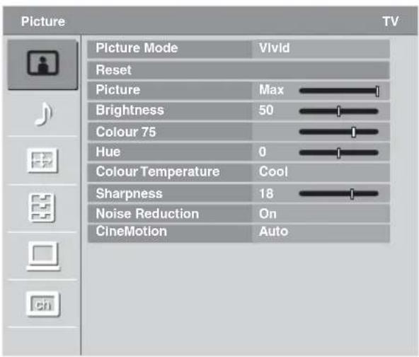 Picture Picture Mode Vivld Reset Picture Max Brightness 50 Colour 75 Hue 0 Colour Temperature Cool Sharpness 18 Noise Reduction On CineMotion Auto