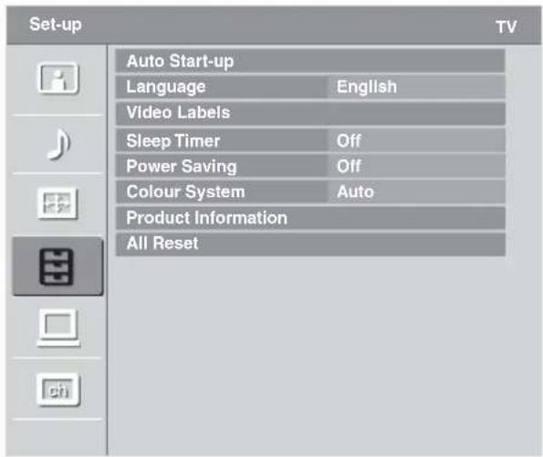 Set-up Auto Start-up Language English Video Labels Sleep Timer Off Power Saving Off Colour System Auto Product Information All Reset