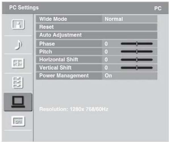 PC Settings Wide Mode Normal Reset Auto Adjustment Phase 0 Pitch 0 Horizontal Shift 0 Vertical Shift 0 Power Management On Resolution: 1280x 768/60Hz