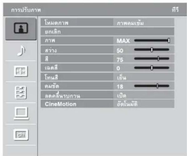 การปรับภาพ โหมดภาพ ภาคเลิก ภาพ MAX สว่าง 50 สี 75 เฉดสี 0 โทนสี เย็น คมชัด 18 ลดคลื่นระบบทวน เปิด CineMotion อัตโนมติ ที่รี