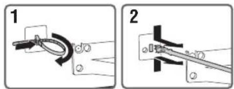 Technical diagram showing two-step installation of a cable or wire with directional arrows indicating motion.