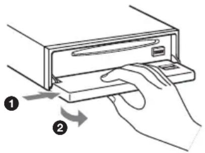 Diagram showing a hand pressing a device into a rack, labeled with two arrows indicating motion or change.