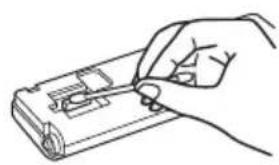 Line drawing of a hand holding a small electronic device (no text or symbols visible)