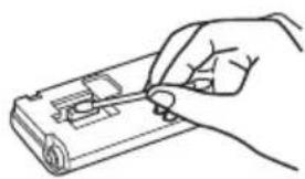 Line drawing of a hand holding a small electronic device (no text or symbols visible)