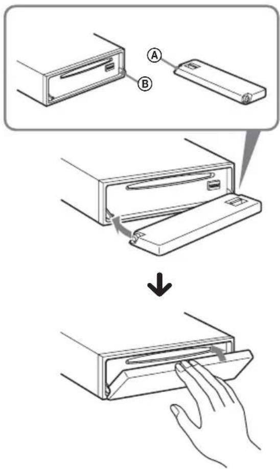 Diagram illustrating the step-by-step installation of a device into a folder, with labeled parts A and B.