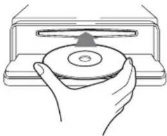 Line drawing of a hand holding a CD inside a tray (no text or symbols)