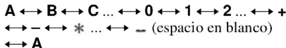 A ↔ B ↔ C ... ↔ 0 ↔ 1 ↔ 2 ... ↔ + ↔ - ↔ * ... ↔ - (espacio en blanco) ↔ A