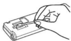 Hand holding a battery with a screwdriver inserted (no text or symbols visible)