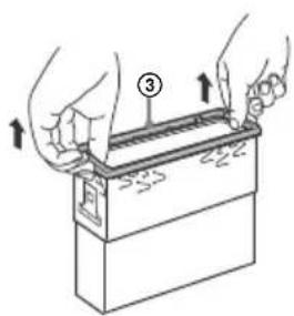 Diagram showing hands operating a battery with labeled components and directional arrows indicating operation