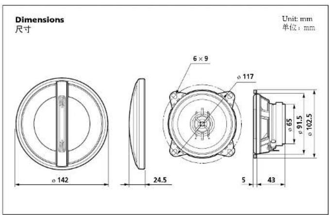 Dimensions 尺寸 Unit: mm 单位: mm 6 x 9 ø 117 ø 65 ø 91.5 ø 102.5 5 43 ø 142 24.5