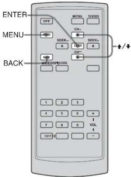 ENTER MENU BACK OFF MUTING TV/VIDEO CH+ MENU SEEK- SEEK+ + ENTER + CH- WIDE/SPICTURE 1 2 3 4 5 6 + 7 8 9 VOL 10 11 2 -