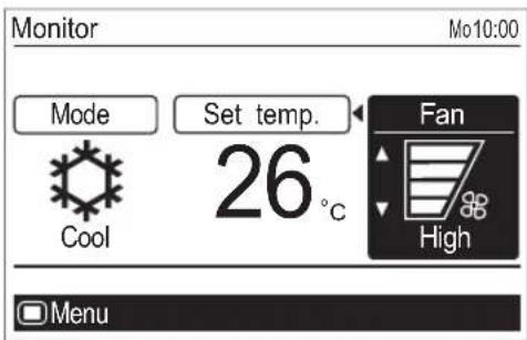 Monitor Mo10:00 Mode Set temp. 26 °C Cool Fan High Menu