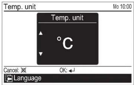 Temp. unit Mo 10:00 Temp. unit °C Cancel: ✗ OK: ← Language