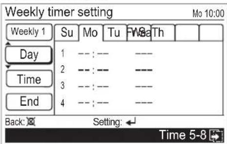 Weekly timer setting Mo 10:00 Weekly 1 Su Mo Tu Fwa,Th Day 1 --:-- --- Time 2 --:-- --- 3 3:--:-- --- 4 4:--:-- --- Back: Setting: Time 5-8