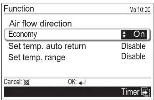 Function Mo 10:00 Air flow direction Economy On Set temp. auto return Disable Set temp. range Disable Cancel: OK: Timer
