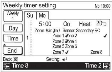 Weekly timer setting Mo 10:00 Su | Mo 5:00 On Heat 20°C Zone (single) Sensor: Secondary RC Zone 1 Zone 2 ✓ Zone 3 Zone 4 Zone 5 Zone 6 Zone 7 ✓ Zone 8 Back: Setting: Time 8 Time 2