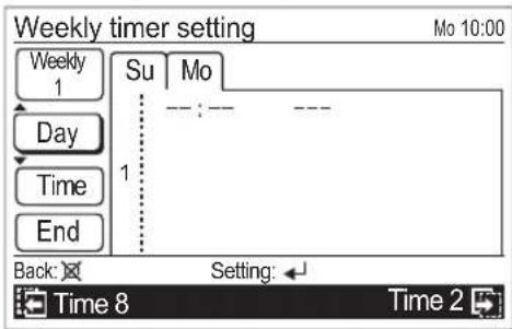 Weekly timer setting Mo 10:00 Su Mo Day : -- Time : -- End Back: Setting: Time 8 Time 2