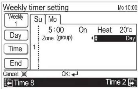 Weekly timer setting Mo 10:00 Su Mo 5:00 On Heat 20°C Zone (group) Day Time 1 End Cancel: OK: Time 8 Time 2
