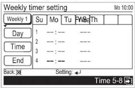 Weekly timer setting Mo 10:00 Weekly 1 Su Mo Tu F W S a Th Day 1 --- : --- --- 2 --- : --- --- 3 --- : --- --- 4 --- : --- --- Back: Setting: Time 5-8