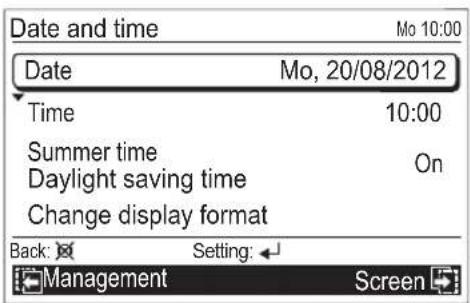 Date and time Mo 10:00 Date Mo, 20/08/2012 Time 10:00 Summer time On Daylight saving time Change display format Back: Setting: ← Management Screen
