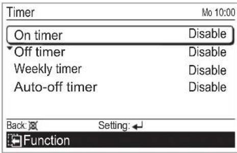 Timer On timer Disable Off timer Disable Weekly timer Disable Auto-off timer Disable Back: Setting: Function