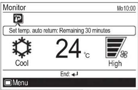Monitor Mo 10:00 Set temp. auto return: Remaining 30 minutes Cool 24 °C High End: ← Menu